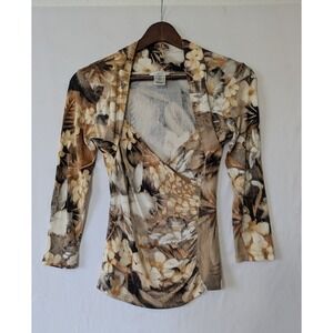 Vintage 90s Cache XS‎ Floral Top 3/4 Sleeve Ruched Side Brown Beige Faux Wrap